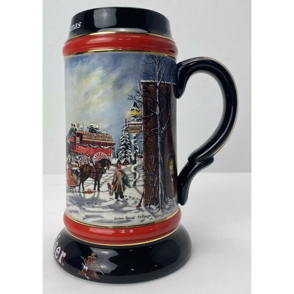 VINTAGE 1992 Budweiser Holiday Beer Stein Mug "A Perfect Christmas" Clydesdales - Picture 6 of 11